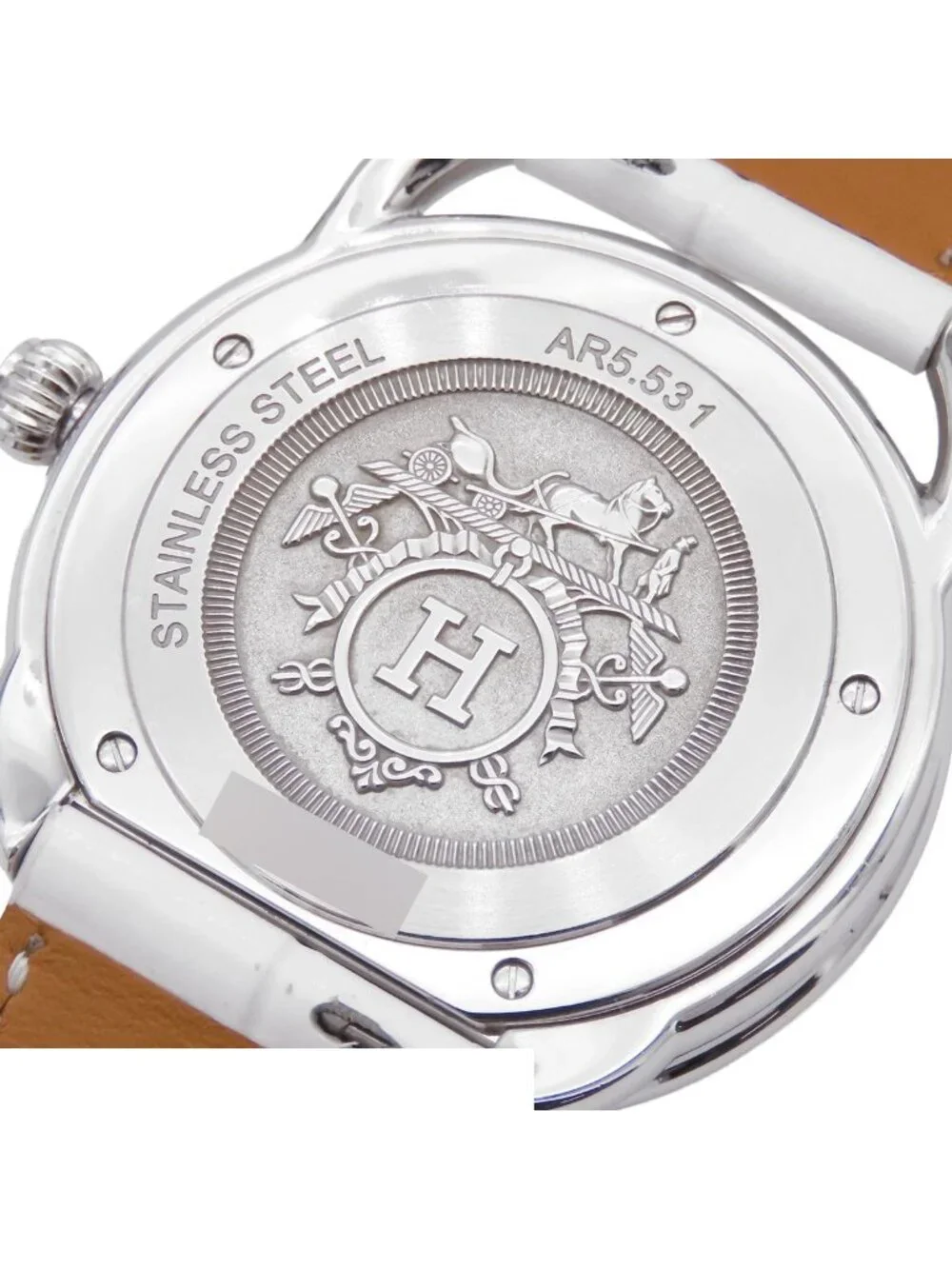 Hermes Arceau White Shell SS Leather Diamond Dial Watch Quartz